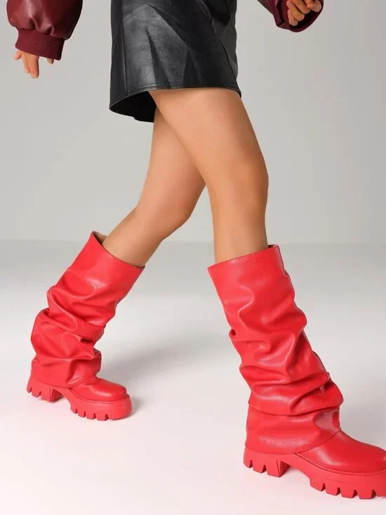 Women's Red Fold Over Boots Slouchy Boots Wide Calf Pleated Platform Boots - Picture 6 of 6